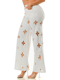 White Wide Leg Jeans with Pearl-Embellished Cutout Floral Detailing