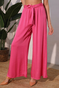 High-Waisted Wide Leg Satin Pants with Tie Waist in Hot Pink