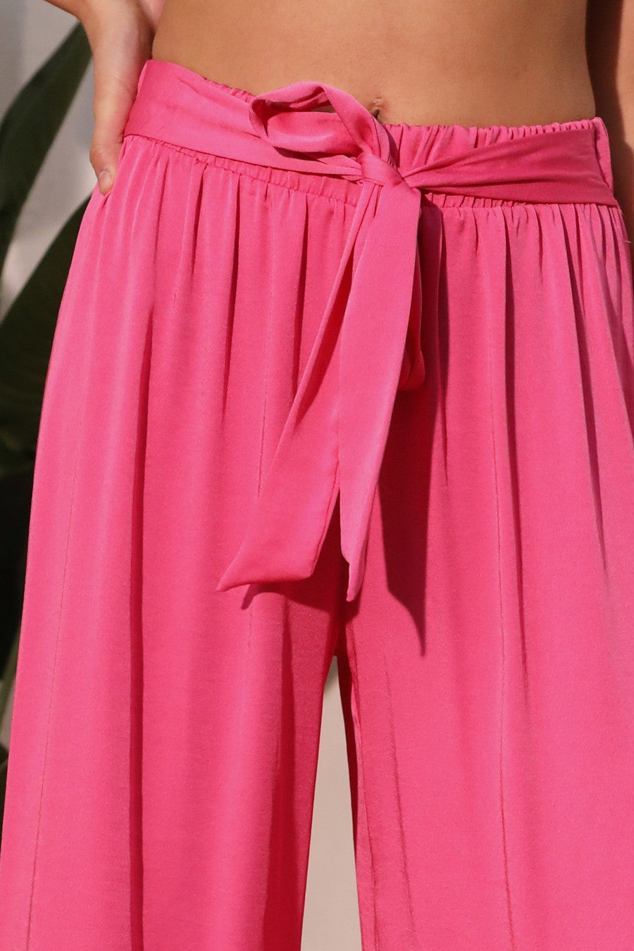 High-Waisted Wide Leg Satin Pants with Tie Waist in Hot Pink