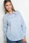Blue Striped Button Down Shirt with Pearl Embellishments