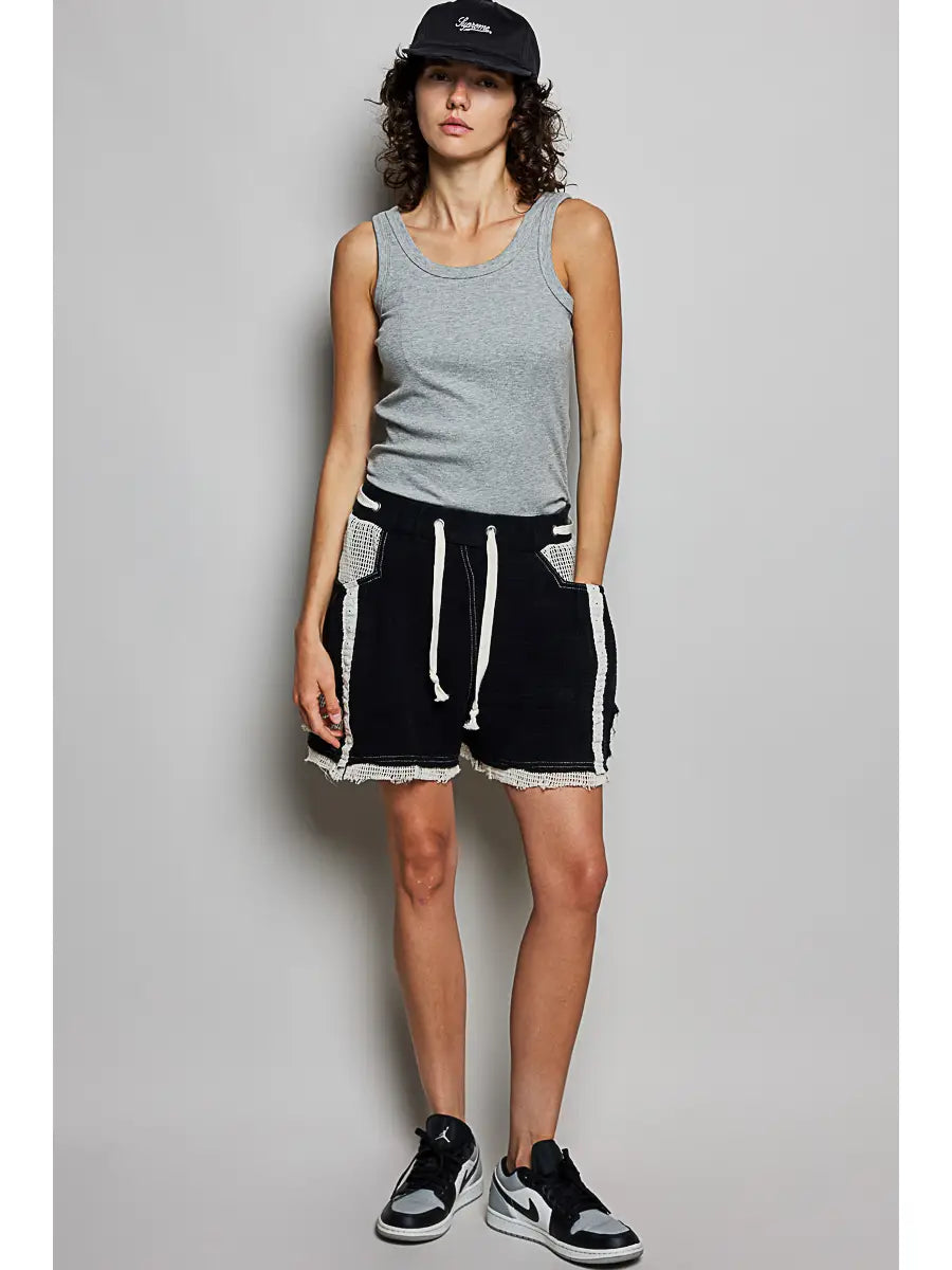 Vintage Crochet Patch Drawstring Casual Shorts