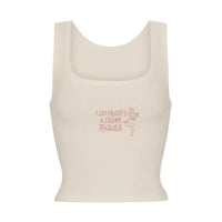 Beige Graphic Cropped Tank Top with Square Neck