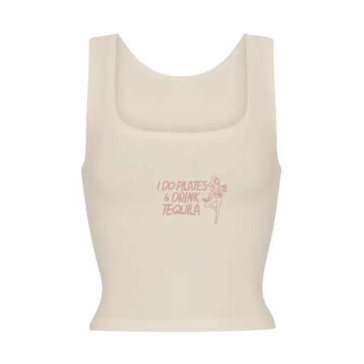 Beige Graphic Cropped Tank Top with Square Neck