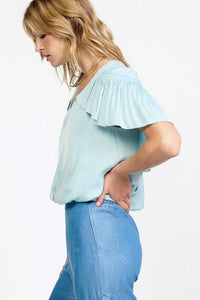 Sky Blue Flutter Sleeve Draped V-Neck Top