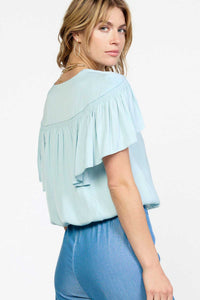 Sky Blue Flutter Sleeve Draped V-Neck Top