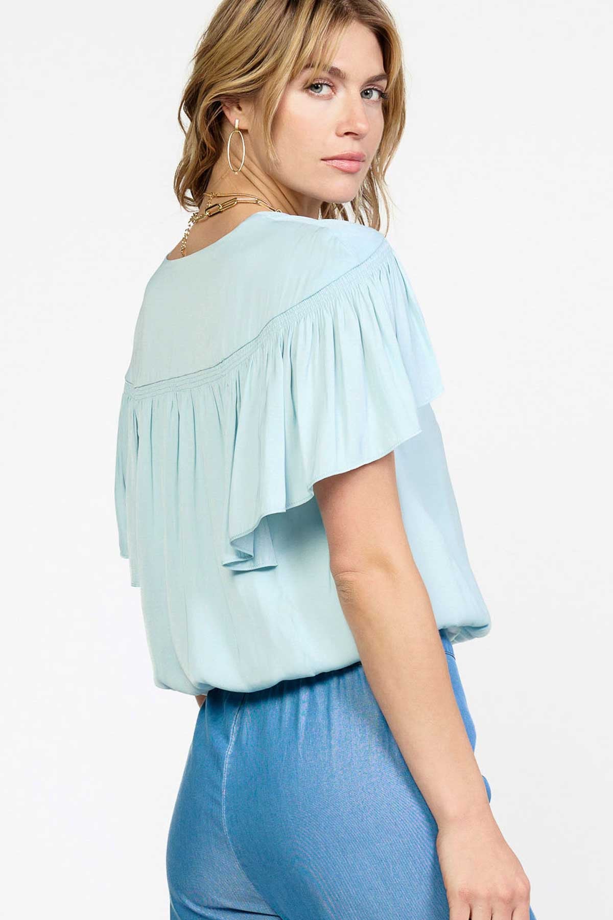 Sky Blue Flutter Sleeve Draped V-Neck Top
