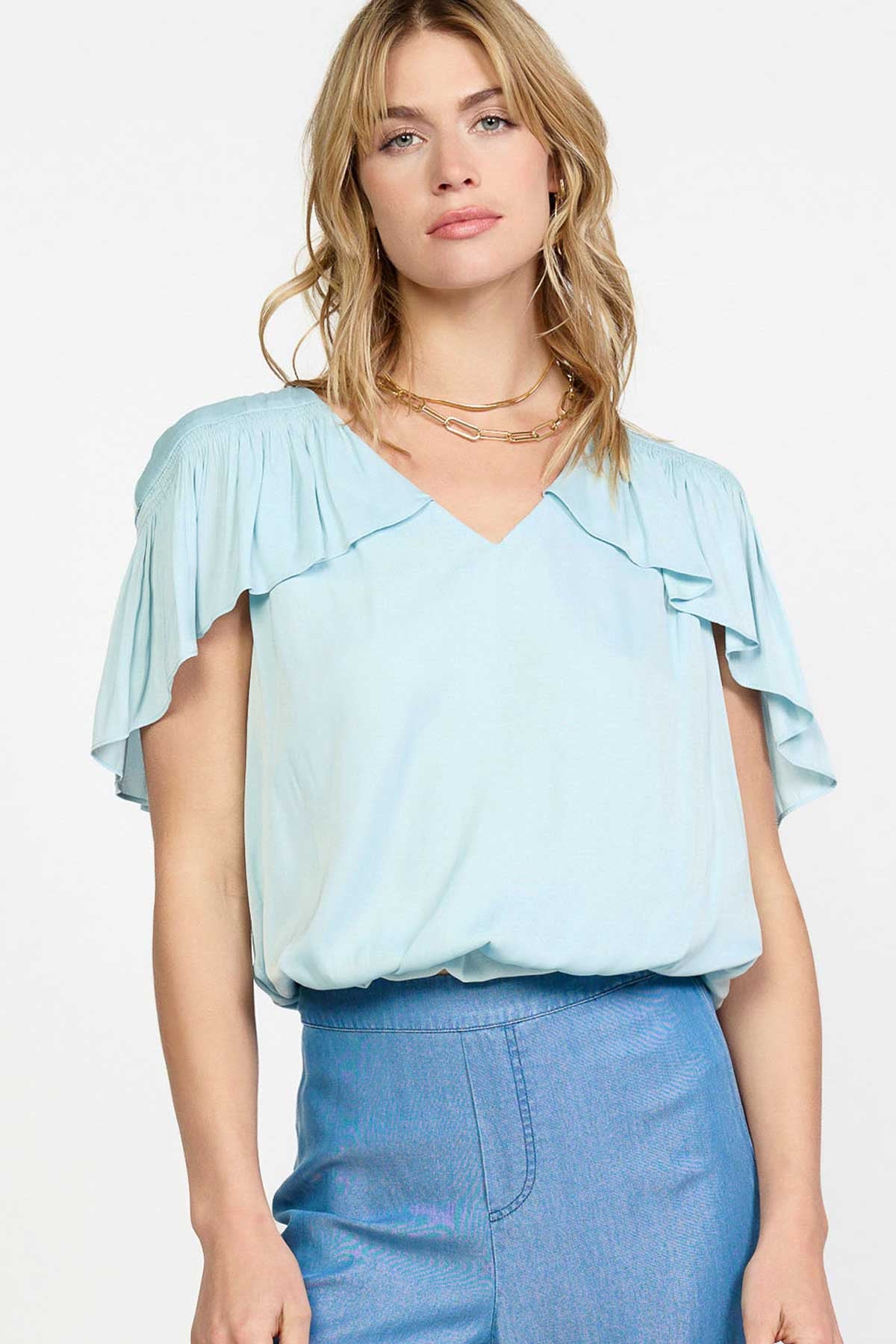 Sky Blue Flutter Sleeve Draped V-Neck Top