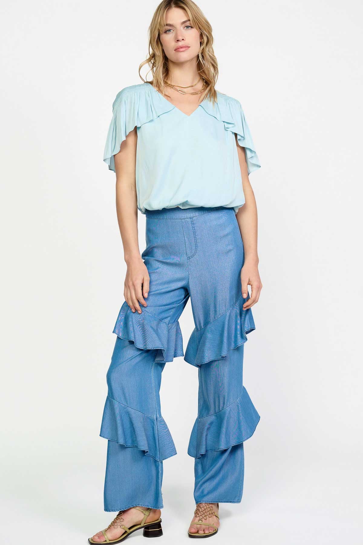 Sky Blue Flutter Sleeve Draped V-Neck Top