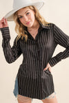 Satin Rhinestone Studded Stripe Blouse Black