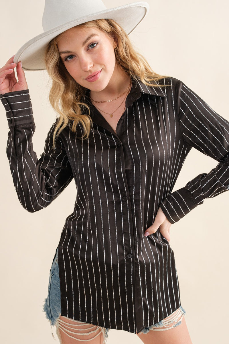 Satin Rhinestone Studded Stripe Blouse Black