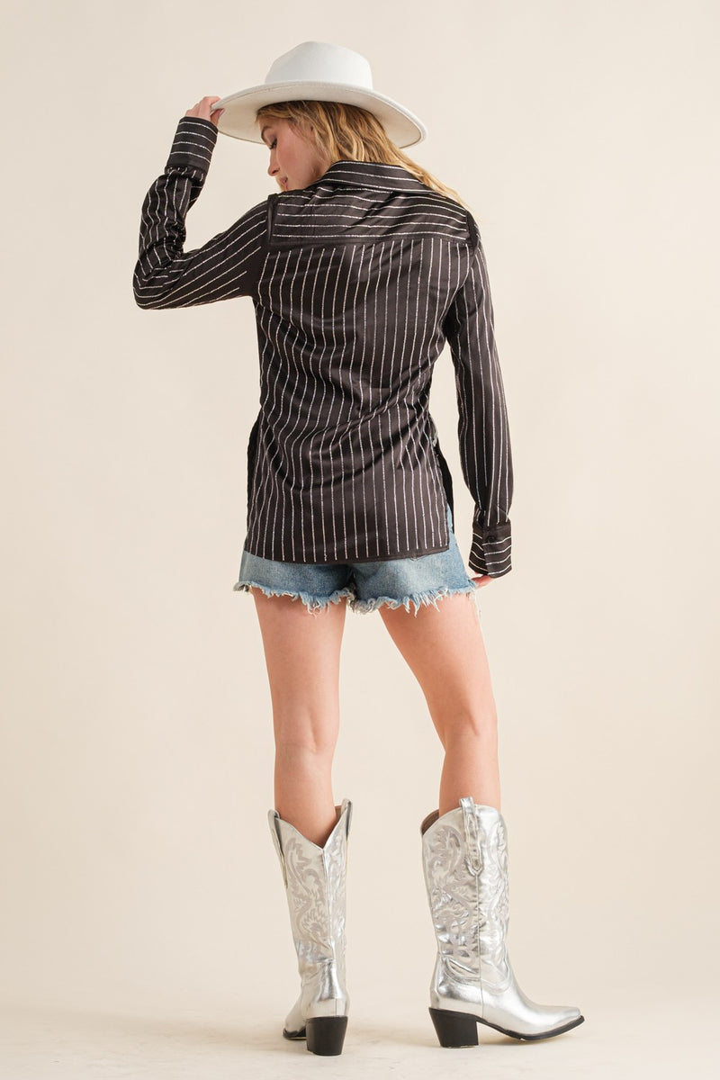 Satin Rhinestone Studded Stripe Blouse