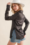 Satin Rhinestone Studded Stripe Blouse Black