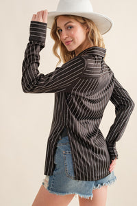 Satin Rhinestone Studded Stripe Blouse Black