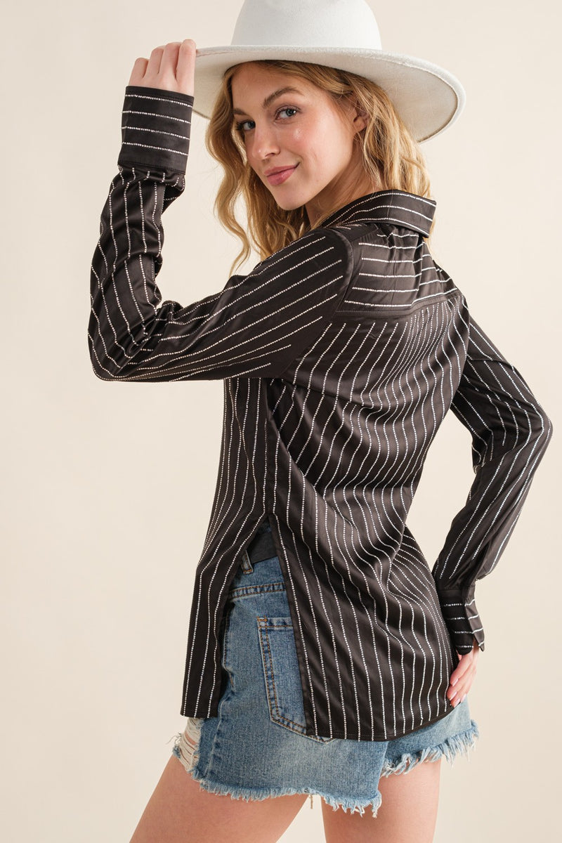 Satin Rhinestone Studded Stripe Blouse Black