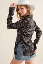 Satin Rhinestone Studded Stripe Blouse