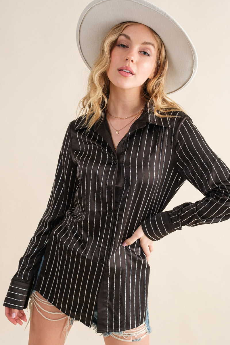 Satin Rhinestone Studded Stripe Blouse