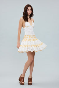 White & Yellow Lace Tiered Mini Dress