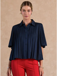 Blue Pleated Button Front Short Sleeve Collared Blouse