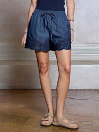 Denim Blue Embroidered Drawstring Waist Shorts