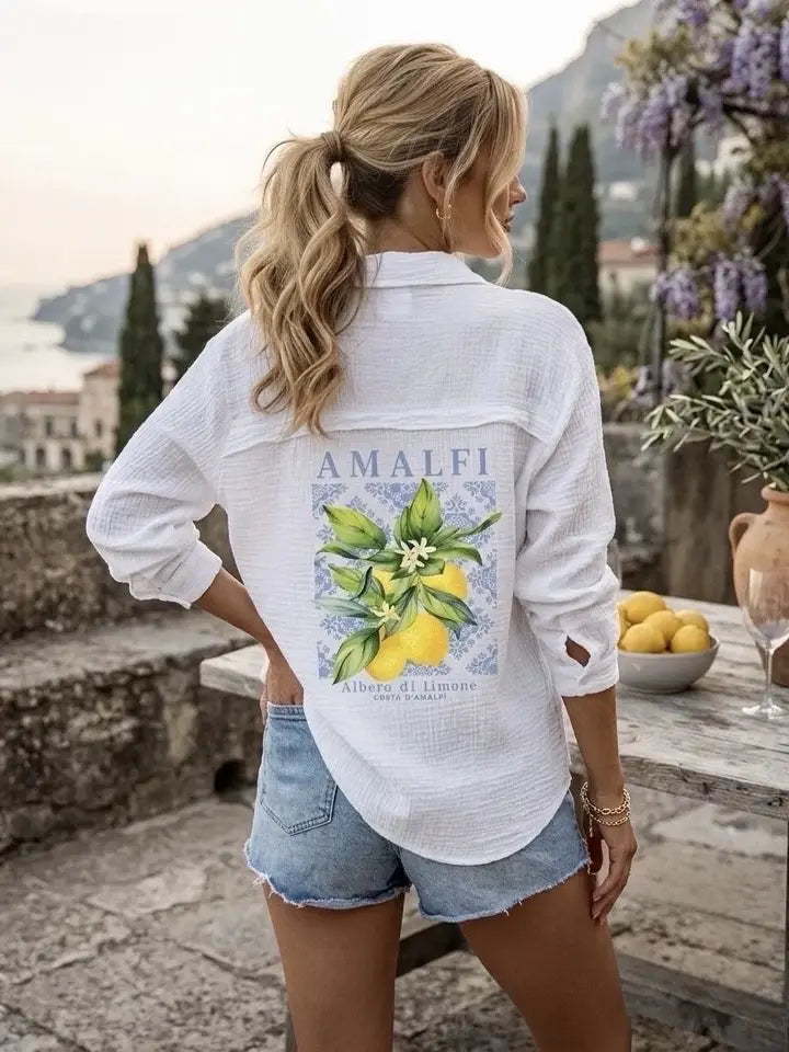 White Amalfi Lemon Graphic Button-Down Cover-Up Shirt