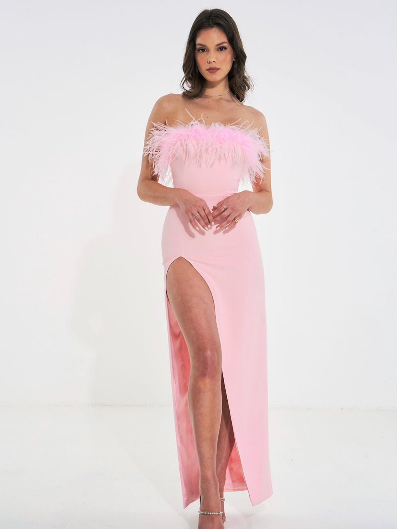 Pink Feather Maxi High Slit Dress S / Pink Pink Feather Maxi High Slit Dress S / Pink