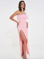 Pink Feather Maxi High Slit Dress