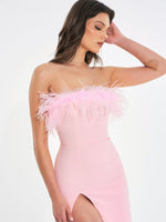 Pink Feather Maxi High Slit Dress