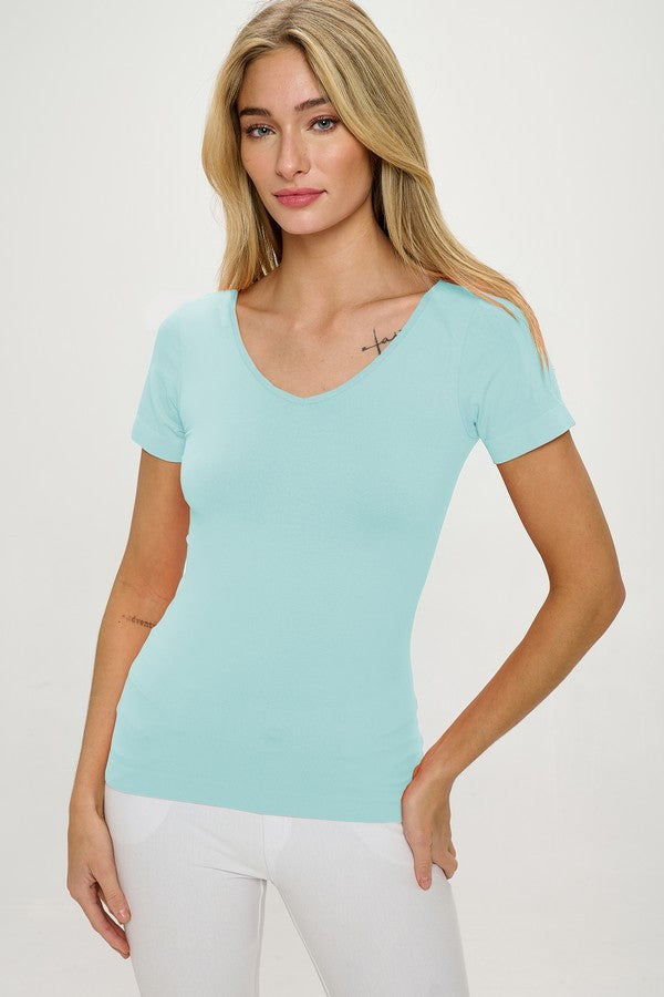 Blue Seamless Short Sleeve V-Neck Top