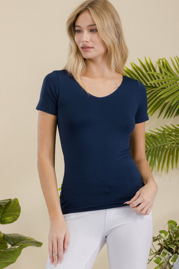 Navy Seamless Short Sleeve V-Neck Top