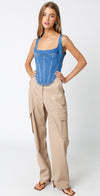 Denim Corset Crop Top with Exposed Back Zipper