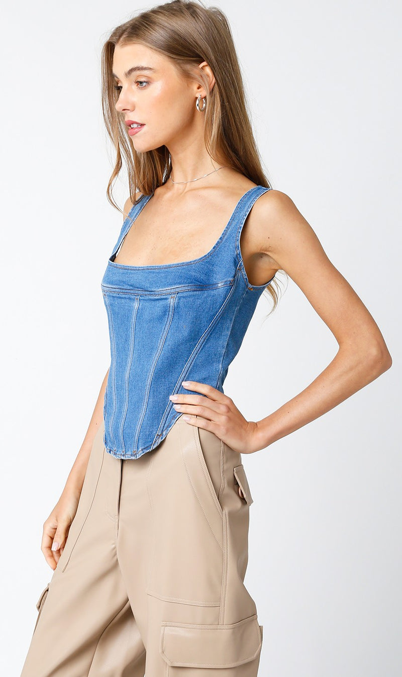 Denim Corset Crop Top with Exposed Back Zipper