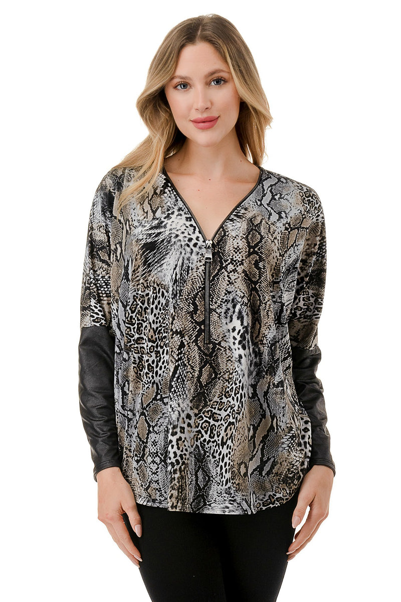 LEOPARD PRINT DOLMAN SLEEVE ZIPPER TOP