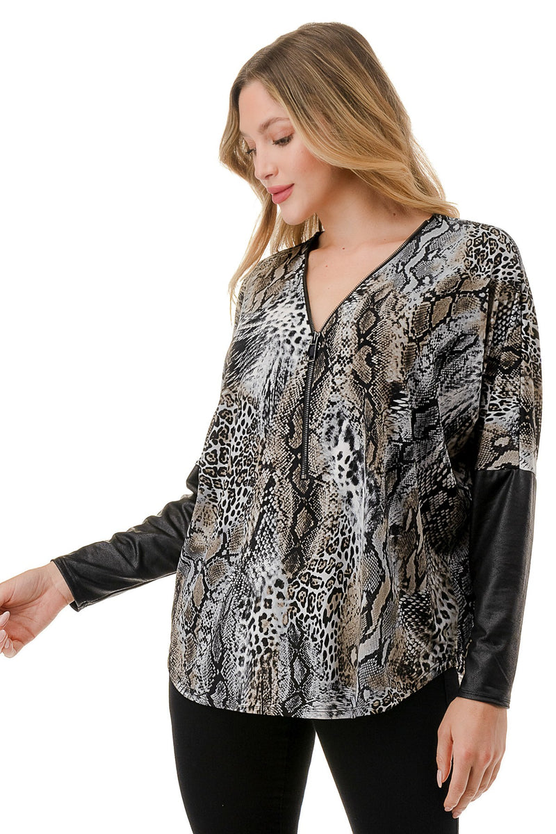 LEOPARD PRINT DOLMAN SLEEVE ZIPPER TOP