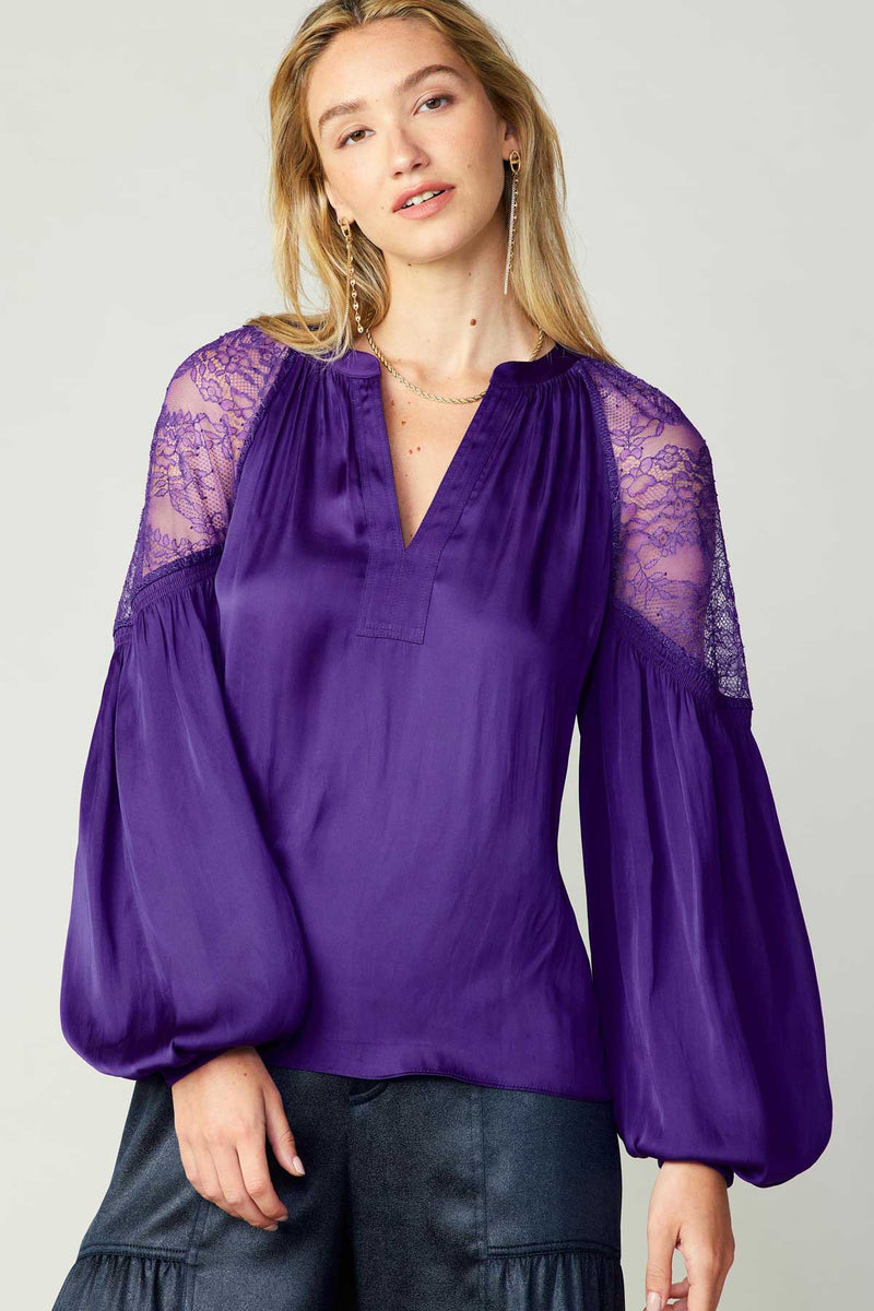 LACE SHOULDER SPLIT NECK BLOUSE