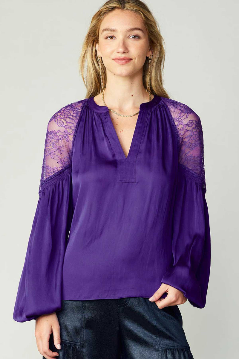 LACE SHOULDER SPLIT NECK BLOUSE