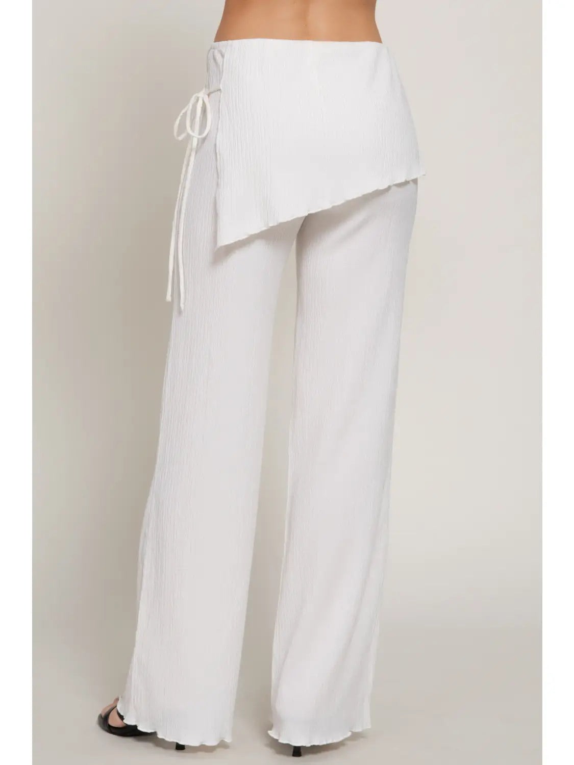 White Textured Wrap Detail Wide Leg Pants