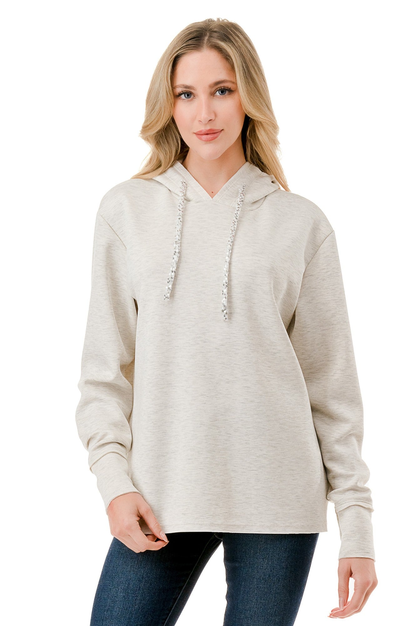Oversized Gray Knit Hoodie with Drawstring Detail