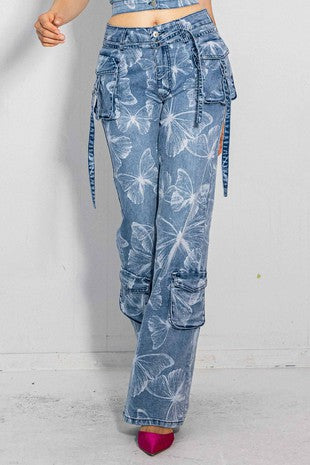 Butterfly Gradient Print Volume Flare Cargo Jeans