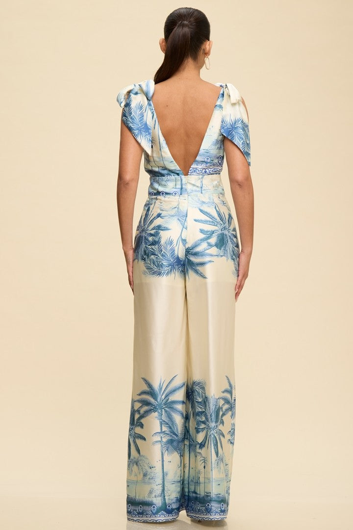 Tropical Print Tie Shoulder Wide Leg Jumpsuit