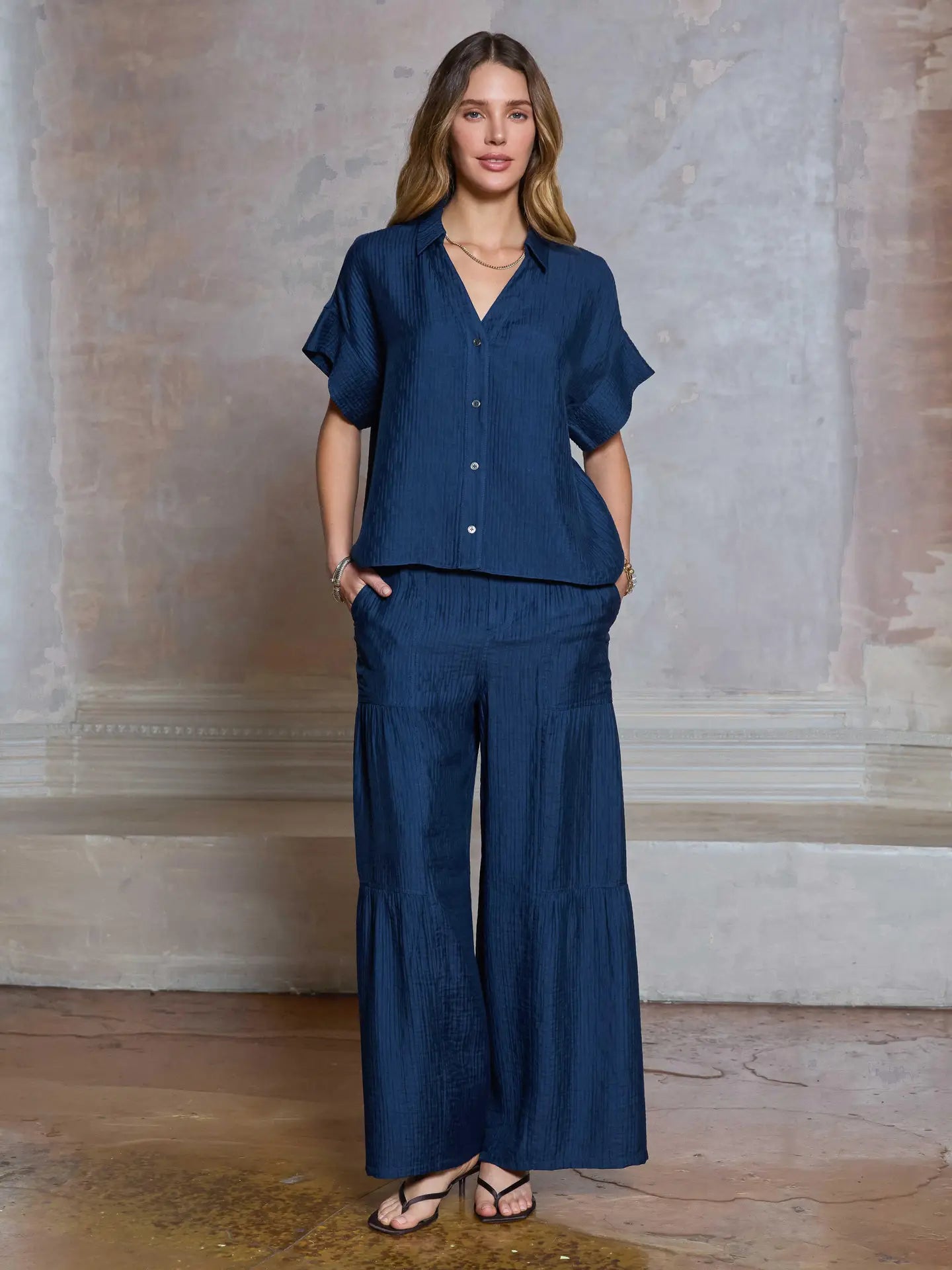Blue Textured Button Front Short Sleeve Blouse