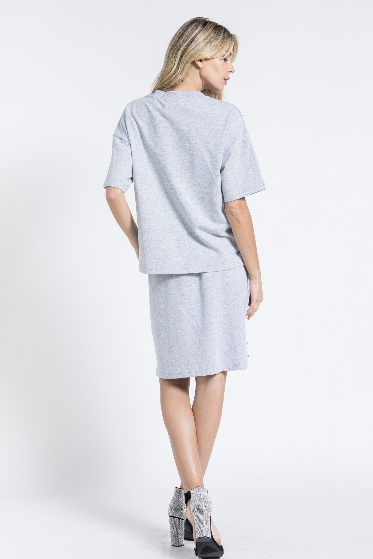 Grey Pearl Embellished Short Sleeve Top