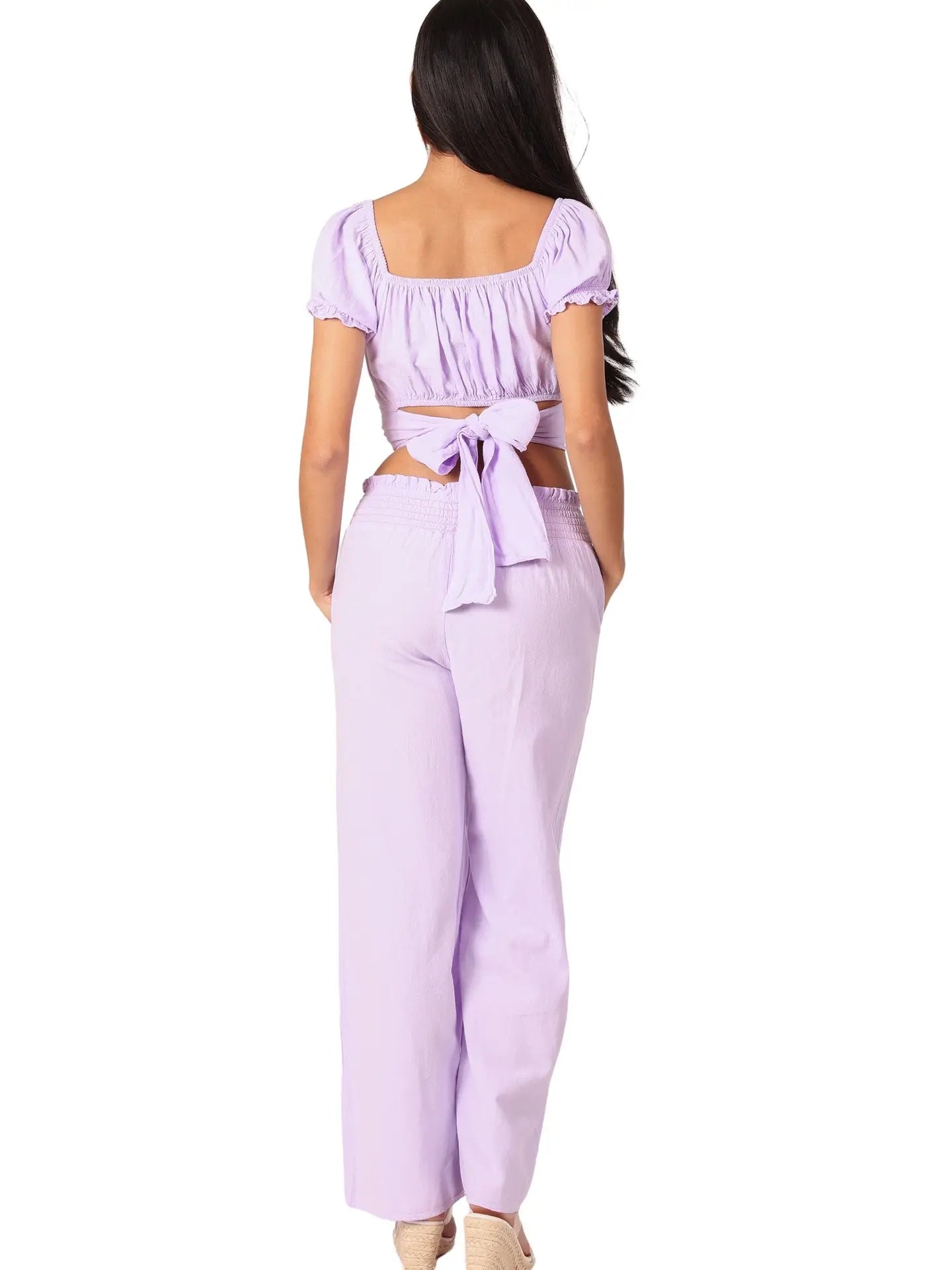 Lavender Puff Sleeve Tie-Back Crop Top