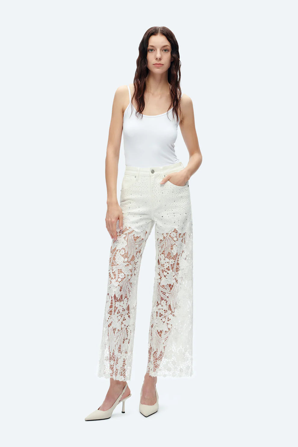 White Wide Leg Jeans with Sheer Floral Lace Panels