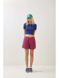 Navy Ribbed Button Front Cropped Tee