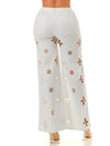 White Wide Leg Jeans with Pearl-Embellished Cutout Floral Detailing