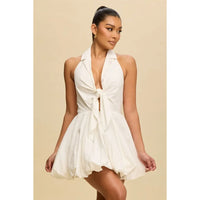 Ivory Tie-Front Halter Mini Dress with Bubble Hem