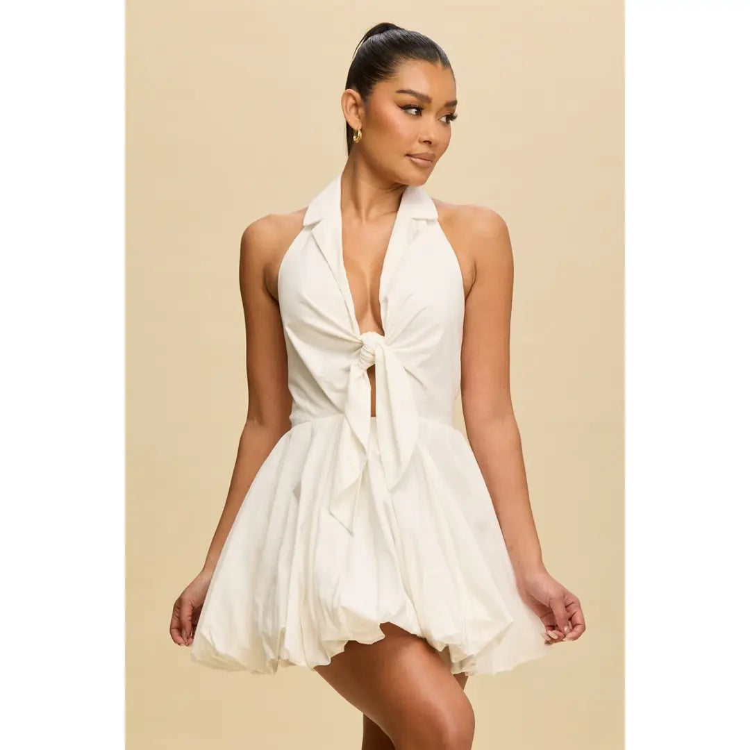 sachin and babi light blue dress Ivory Tie-Front Halter Mini Dress with Bubble Hem L