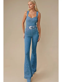 Rhinestone Embellished Denim Flare Jumpsuit