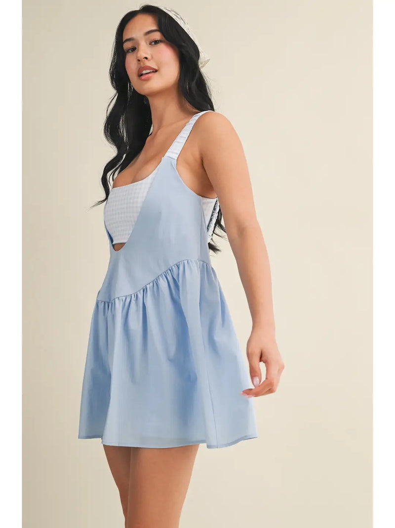 Light Blue Gingham Romper with Babydoll Overlay Dress, M
