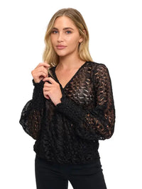 Black Sheer Lace V-Neck Long Sleeve Blouse Top